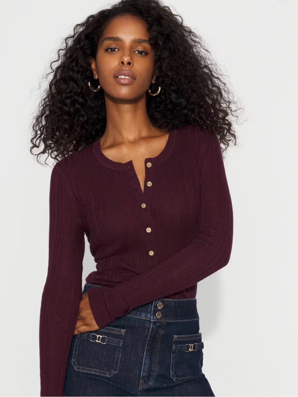 White House Black Marker Ribbed Henley Top in Deep Burgundy